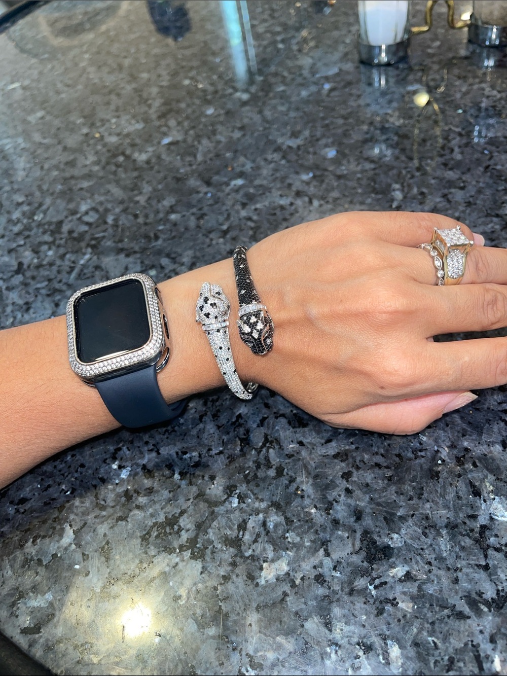 Pave Crystal Panther Head Cuff Bracelet in Black and Silver marked 925